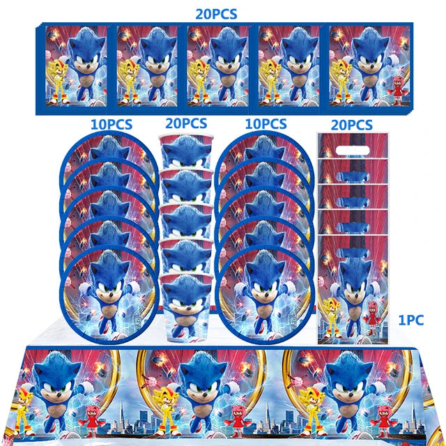 Kit Sonic Party Supplies Boys Birthday Party Paper Tableware Set Paper Plate Cup Napkins Baby Shower Decorations Sonic Gift Bags