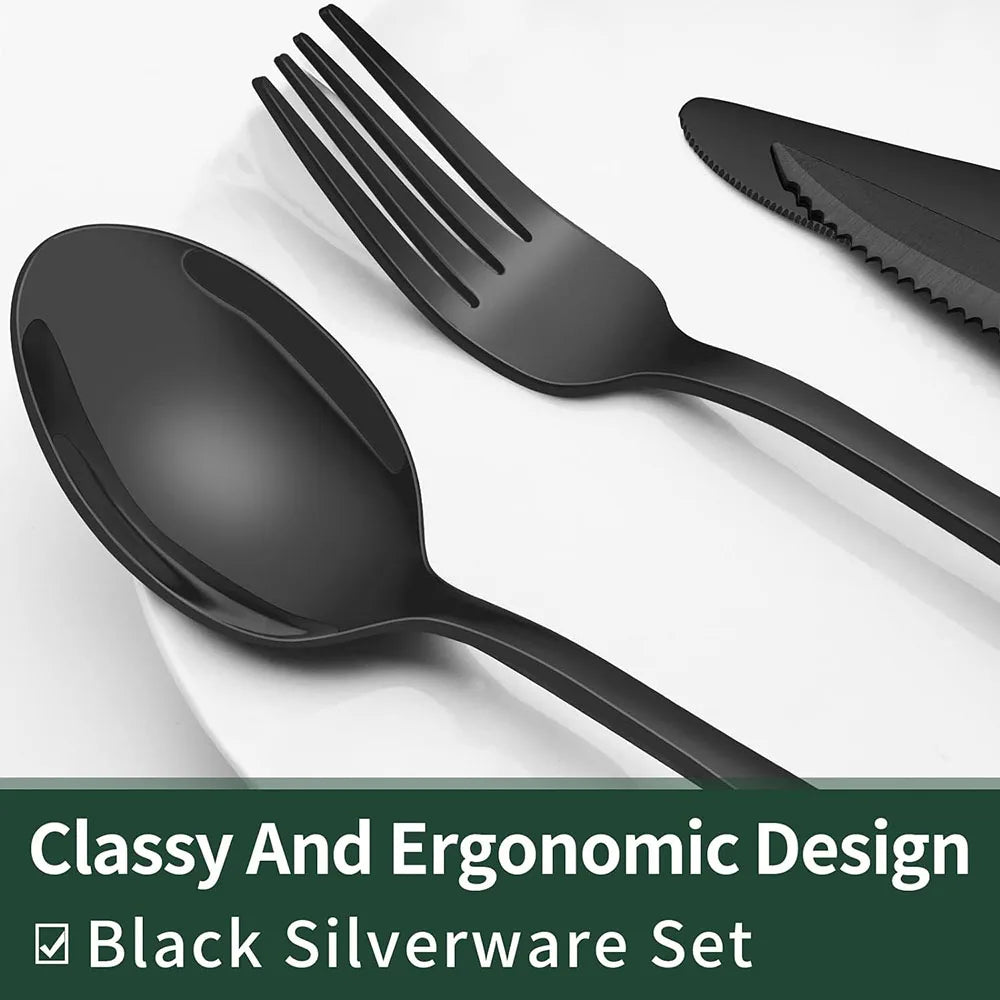 Black Silverware Set with Steak Knives, Flatware Set for 4, Food-Grade Tableware, Cutlery Set, Mirror Finished Utensil Sets