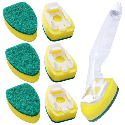 Sponge Soap Dispensing Dish Cleaning Brush Set with 1 Dish Washing Handle 2 Sponge Replacement Head Kitchen Sink Scrubber Tool