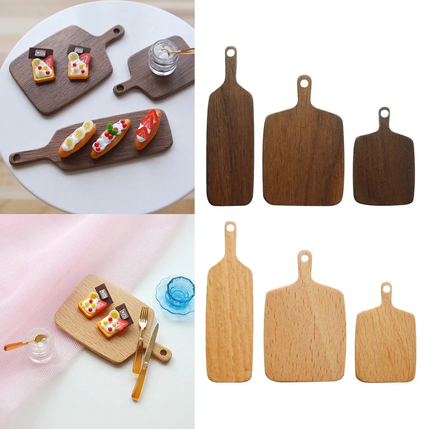 Set of 3Pcs 1:6 1:12 Scale Doll House Wooden Kitchen Cutting Board Kit Pretend Playing Toy Accessory Mini Bread Vegetables Board