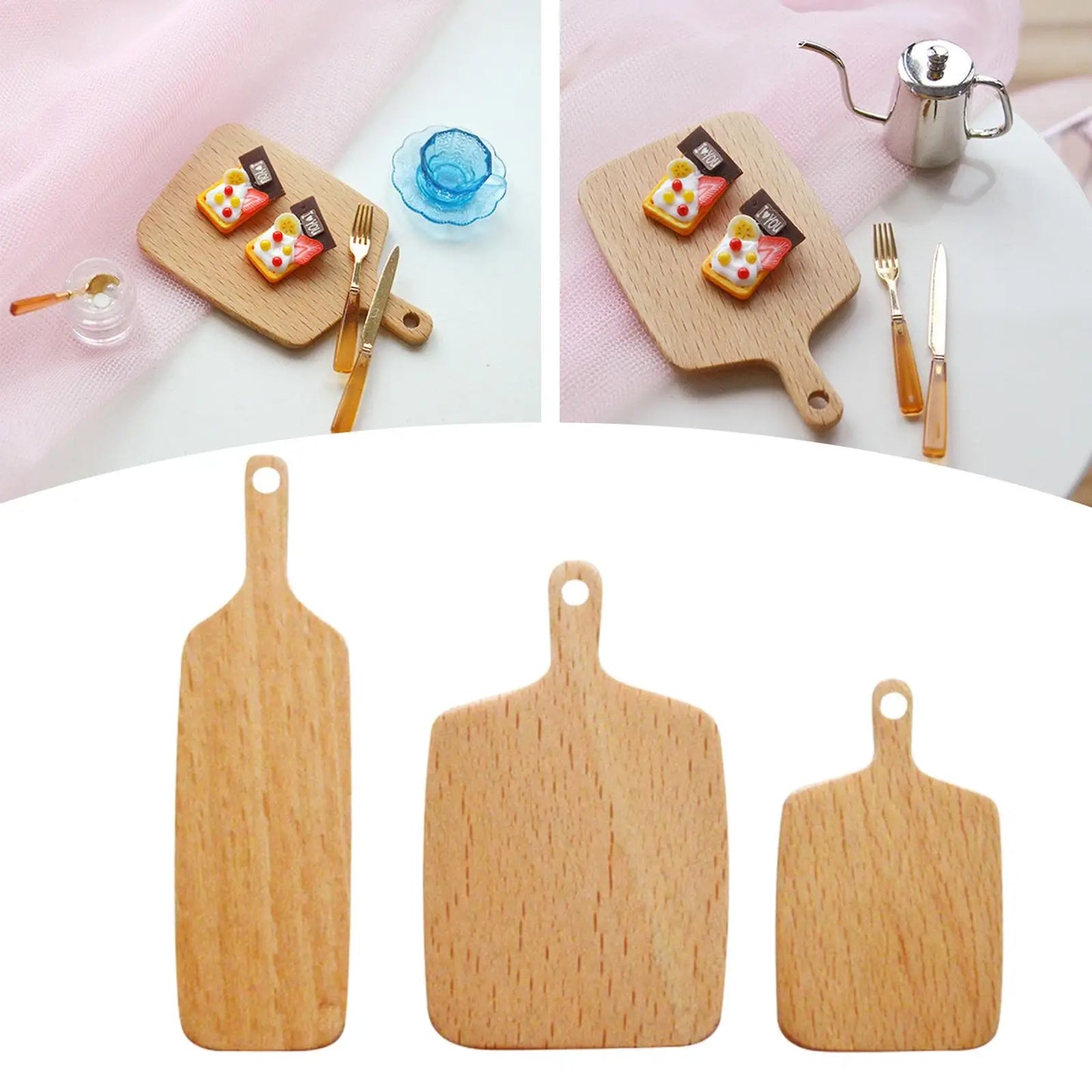 Set of 3Pcs 1:6 1:12 Scale Doll House Wooden Kitchen Cutting Board Kit Pretend Playing Toy Accessory Mini Bread Vegetables Board