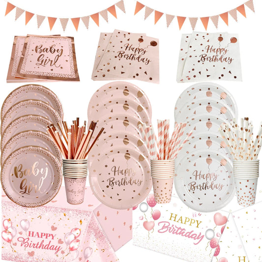 Birthday Disposable Tableware Set Pink Rose Gold White Plates Cups Napkins Tablecloth Girl Birthday Party Decoration Baby Shower