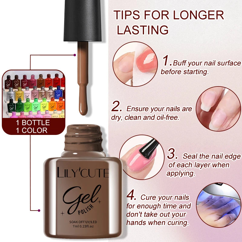 LILYCUTE 6Pcs/set 7ml Coffee Series Gel Nail Polish Kit 125 Colors Manicure Semi Permanent Soak Off UV Nail Art Gel Varnish