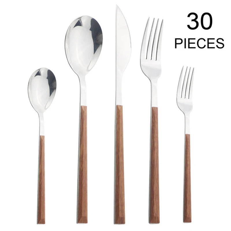 Wood Handle Cutlery Set Korean Stainless Steel Tableware Set Kitchen Knife Fork Spoon Chopsticks Dinnerware Set Tableware Set