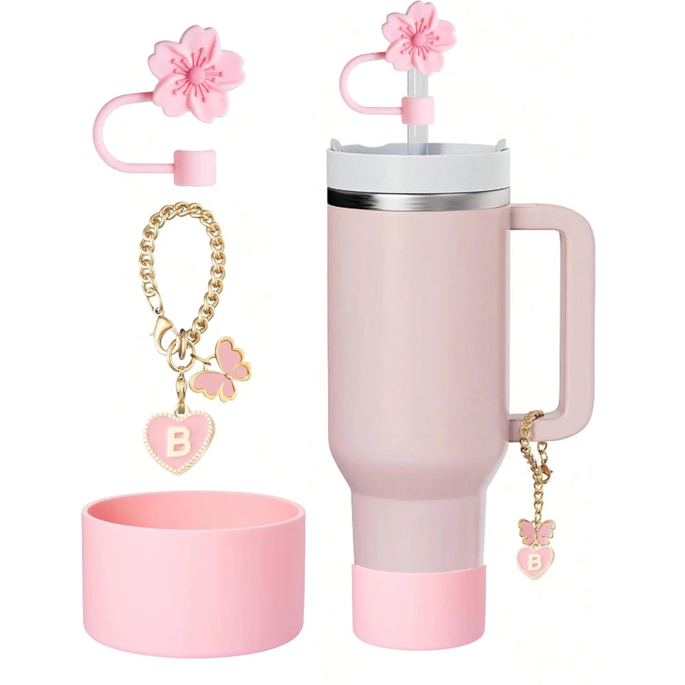 3pcs Accessories Set for Stanley Cup 30oz 40oz Tumbler, Initial Heart Charm,10mm Flower Cap Topper Cover Silicone Boot for Gift