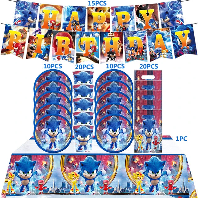 Kit Sonic Party Supplies Boys Birthday Party Paper Tableware Set Paper Plate Cup Napkins Baby Shower Decorations Sonic Gift Bags