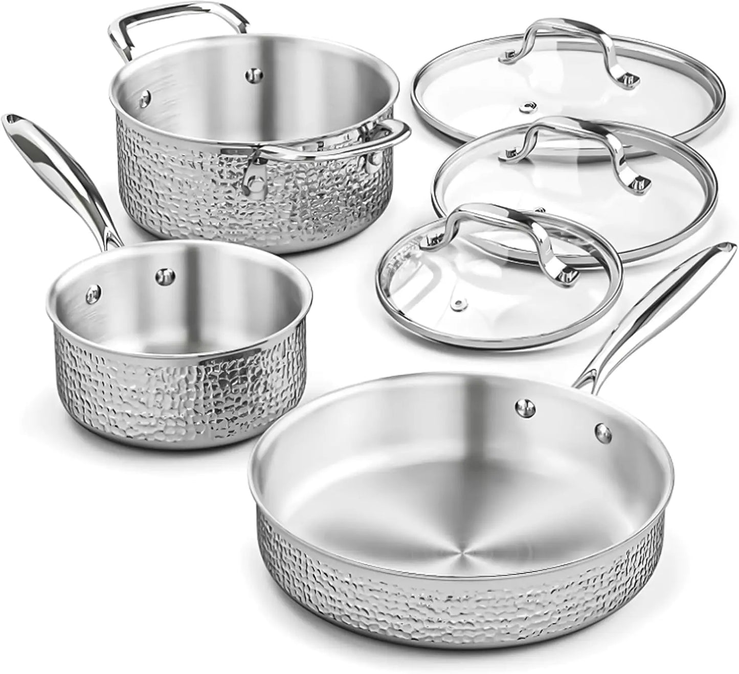 Stainless Steel Hammered Pots and Pans Set with Glass Lid, 6pcs Cookware Set, Kitchen Induction Cooking Pot and Pan Set