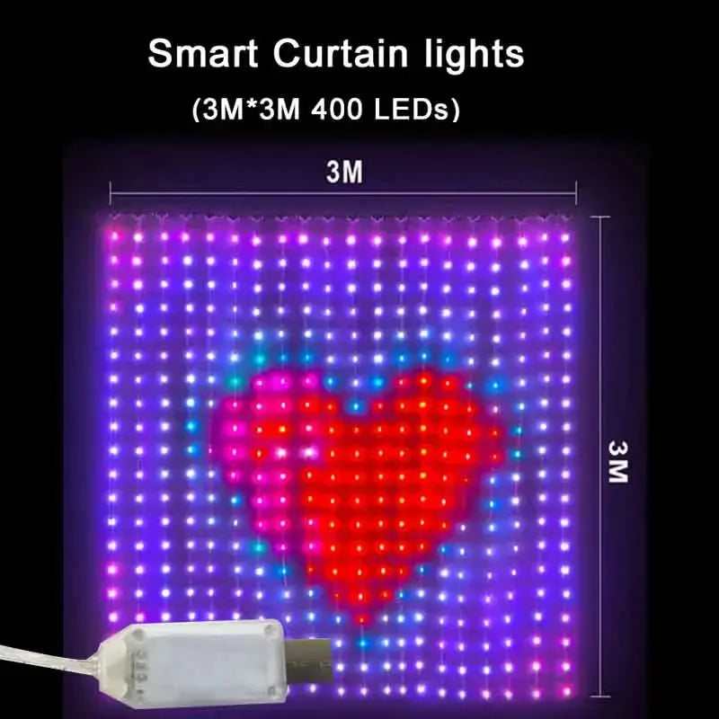 400LEDs Smart Curtain Lights Bluetooth App LED String RGB Fairy Lights DIY Music Change Display for Window Bedroom Decoration