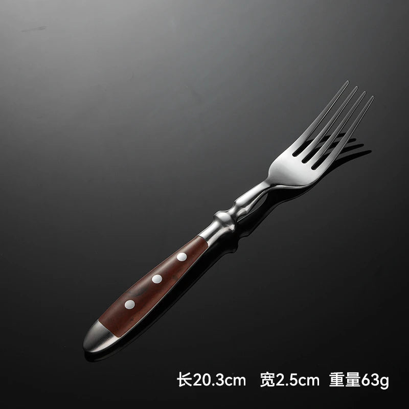 430 Stainless Steel Western Brown Cutlery Set Point Rivets Wooden Handle Dinnerware Knife Fork Spoon Teaspoon for Kitchen