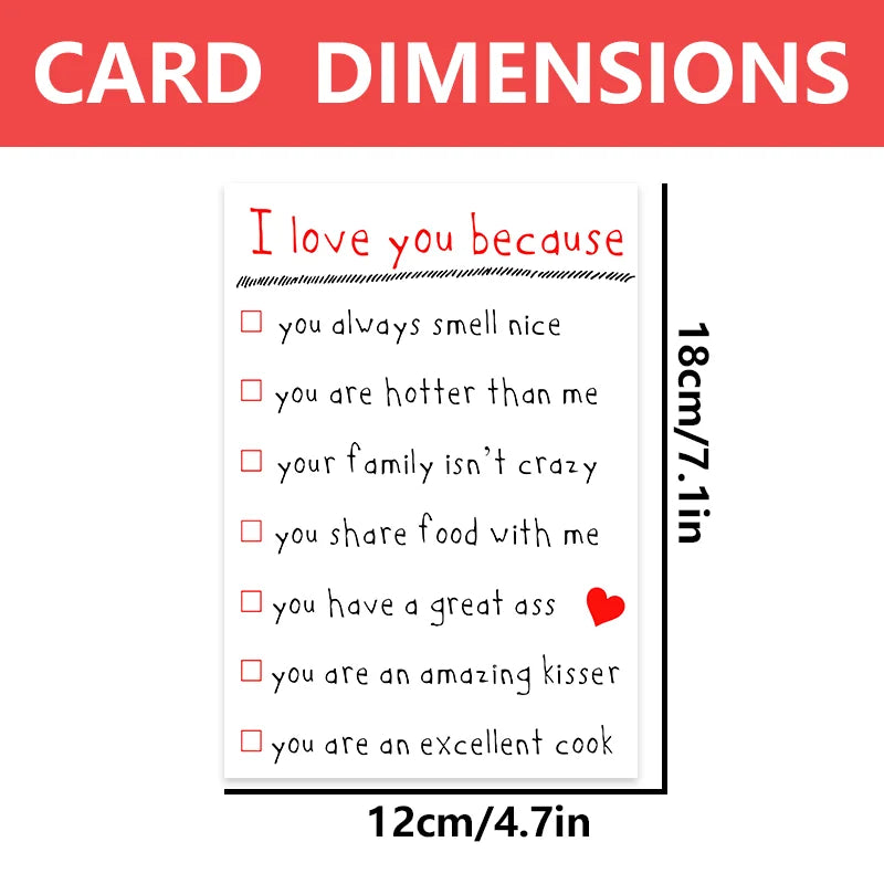 1pc, funny anniversary card, love card for boyfriend, girlfriend, husband, wife. Reasons I love you card.