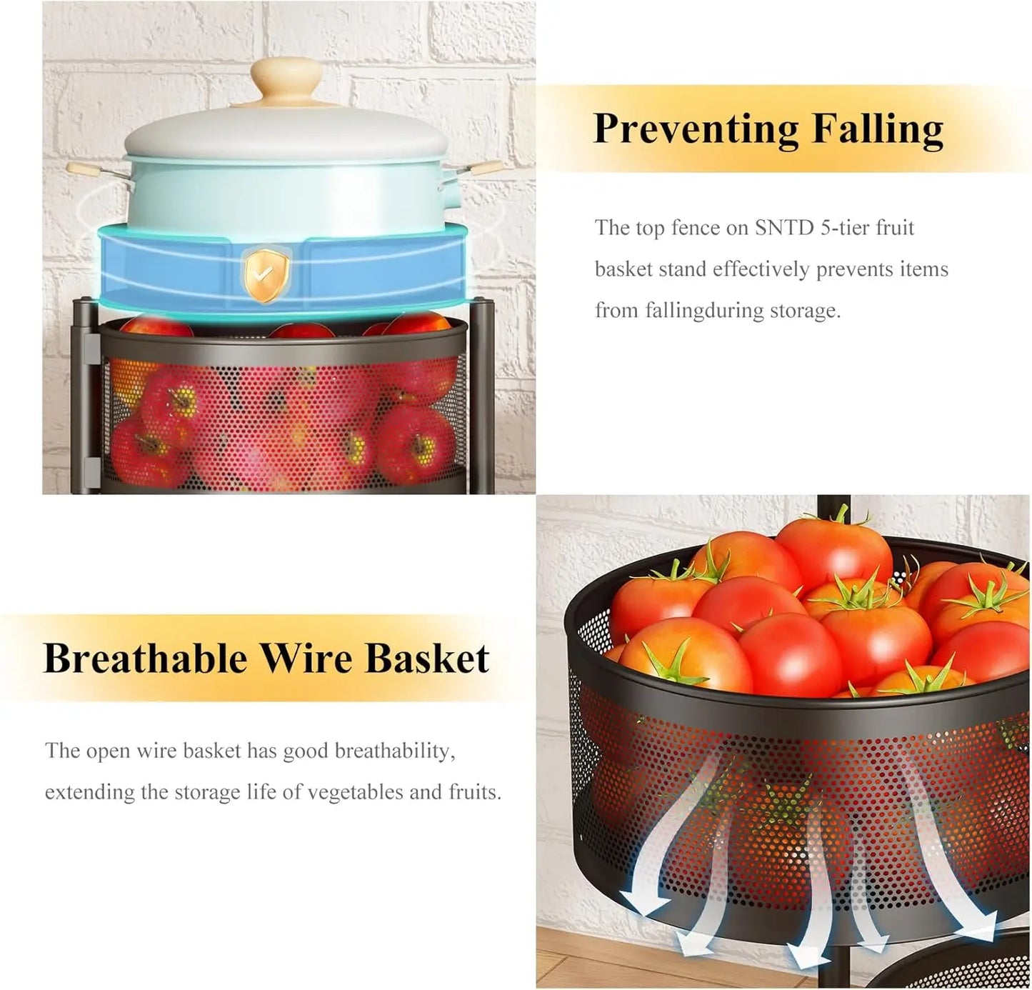 Fruit and Vegetable Basket Bowls for Kitchen with Metal Top Lid, SNTD 5 Tier Rotating Storage Rack Cart for Potato Onion Bread