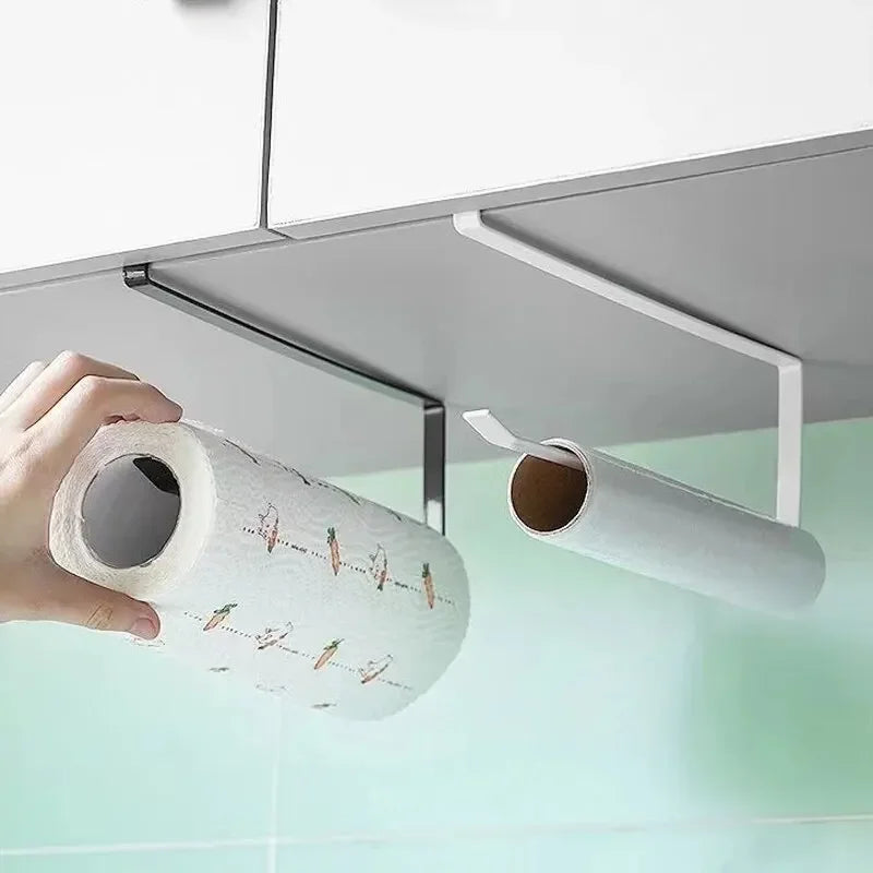 Paper Roll Holder Towel Rack Cling Film Storage Rack Bathroom No Punching Storage Rack Hanging Shelf Kitchen Tissue Accessories