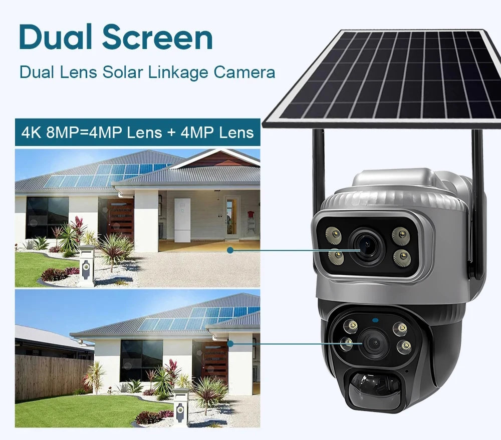 V380 Dual Lens 4G Camera Solar PIR Human Detection Night Vision Waterproof Security Video IP Camara 8MP 4K Battery CCTV Monitor