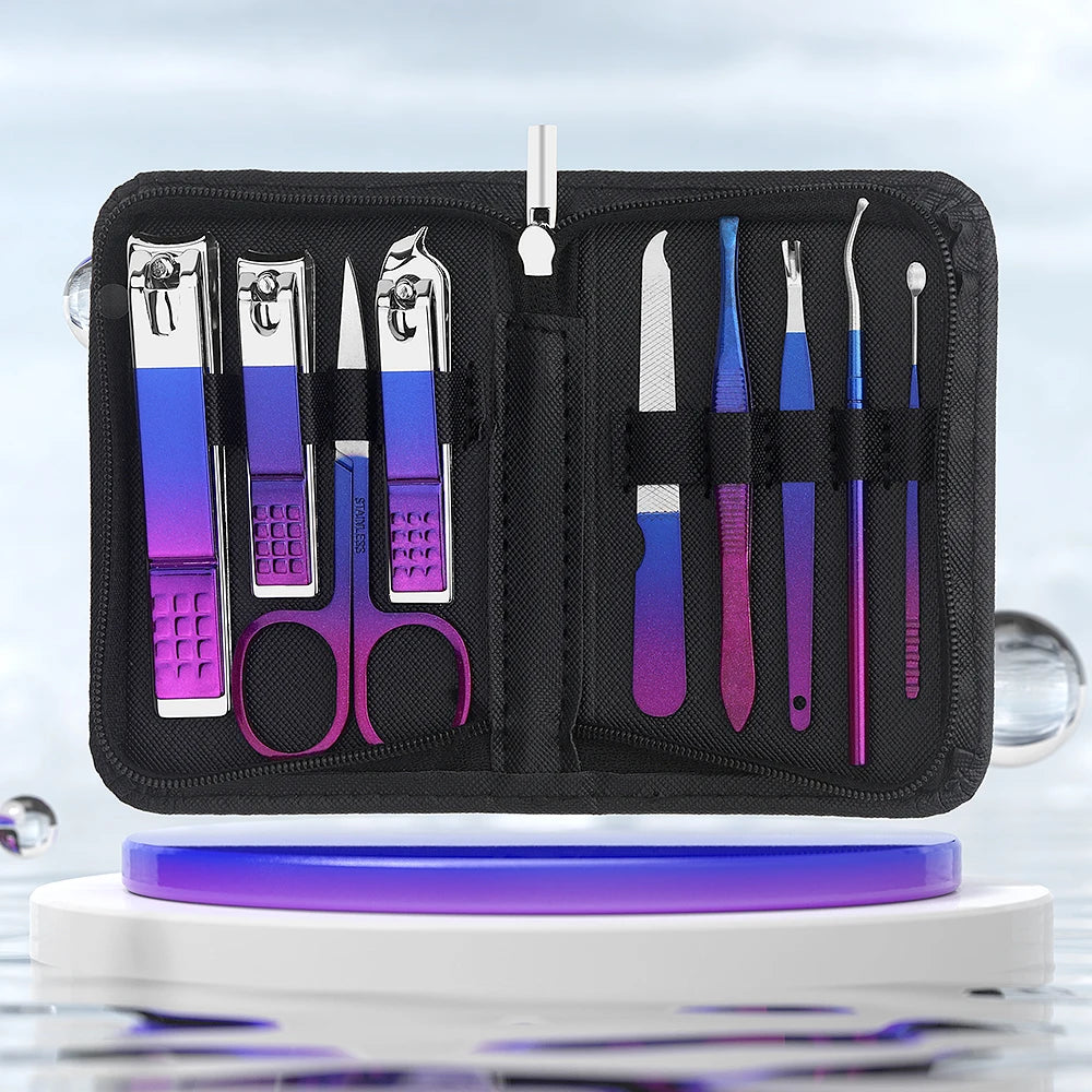 Manicure Set, Stainless Steel Gradient Professional Pedicure Kit Nail Scissors Grooming Kit With Travel Case