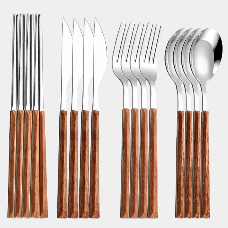 Wood Handle Cutlery Set Korean Stainless Steel Tableware Set Kitchen Knife Fork Spoon Chopsticks Dinnerware Set Tableware Set