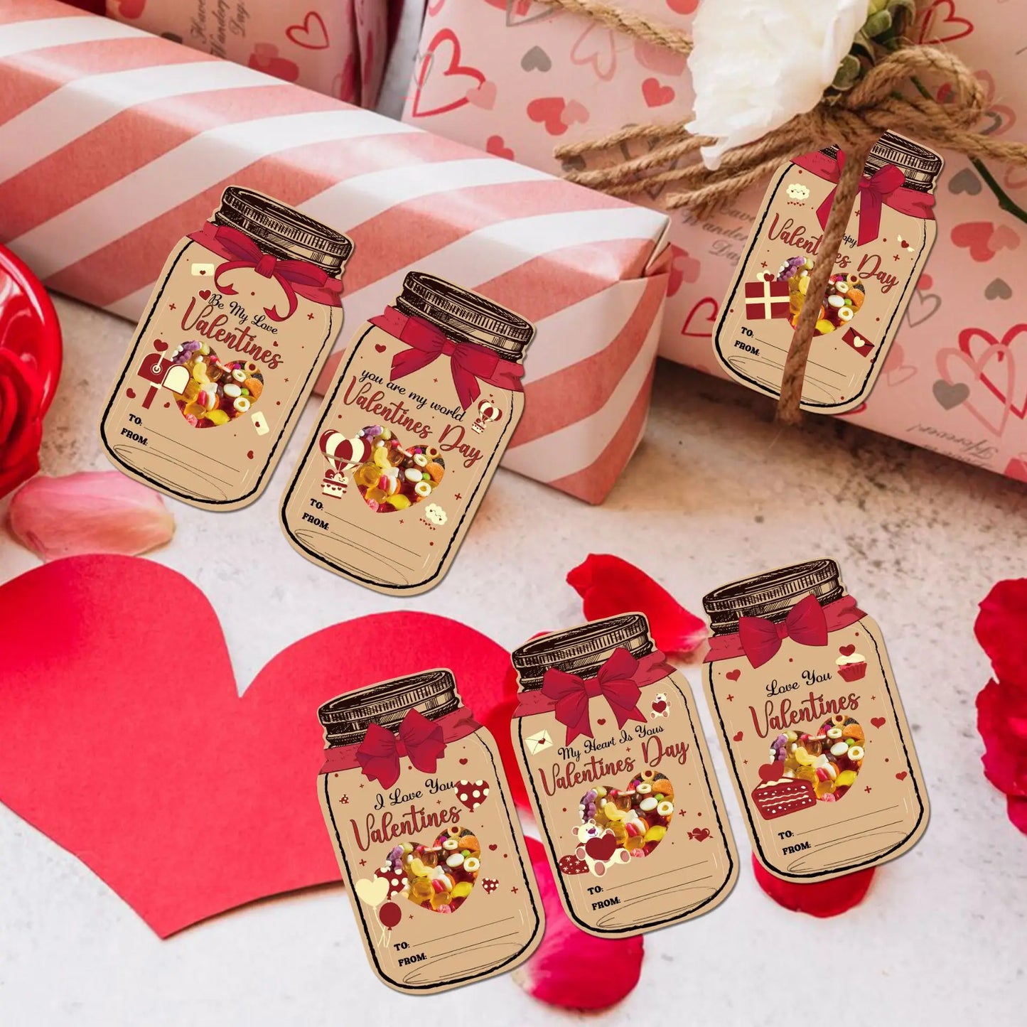 25/50Pcs Happy Valentine's Day Paper Cards Paper Jar Bottles Shaped Card with Candy Packing Bag Valentine's Day Party Gift Decor