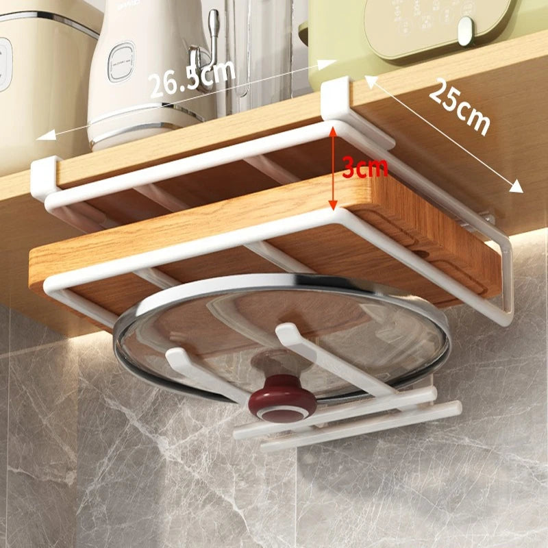 Kitchen Cabinet Under Shelf Metal Cupboard Hanging Hooks Mug Cup Hanger Cutting Board Pot Cover Holder Towel Tissue Storage Rack