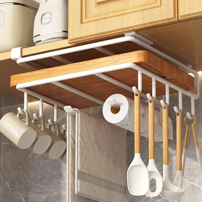 Kitchen Cabinet Under Shelf Metal Cupboard Hanging Hooks Mug Cup Hanger Cutting Board Pot Cover Holder Towel Tissue Storage Rack