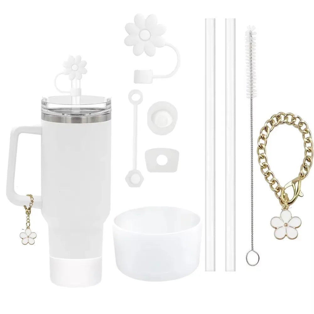 9pcs Accessories Set 3 Spill Proof Stopper Flowers Straw Cover Boot 2 Straw and Brush and 1 Flower Charm Chain for Stanley Cup