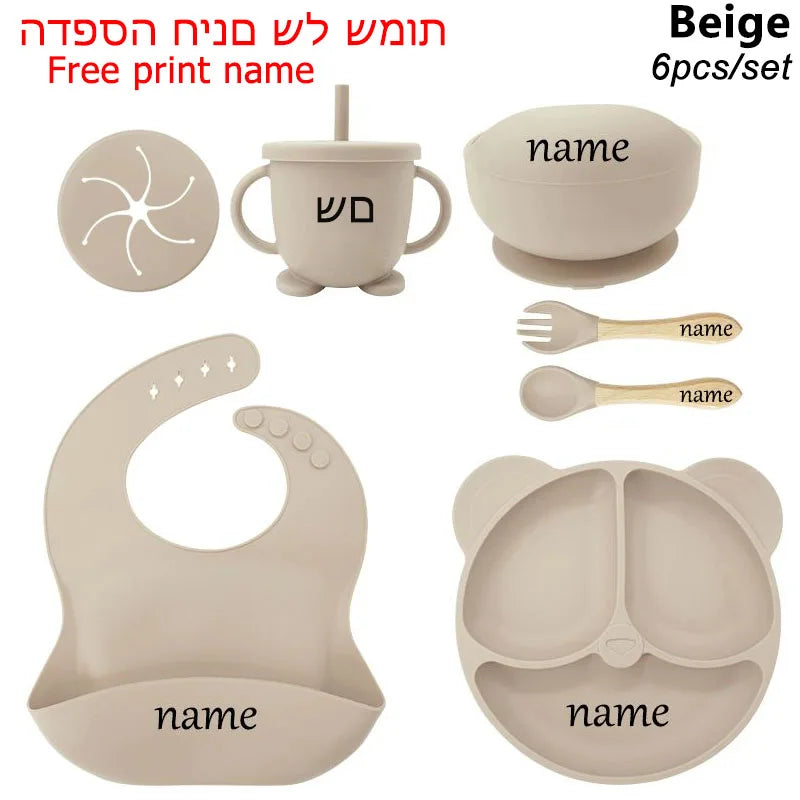 Baby Feeding Plate Sets Suction Bowl Silicone Plate For Kids 6Pcs Children Tableware Personalized Name Dinner Dishes Cups Spoon