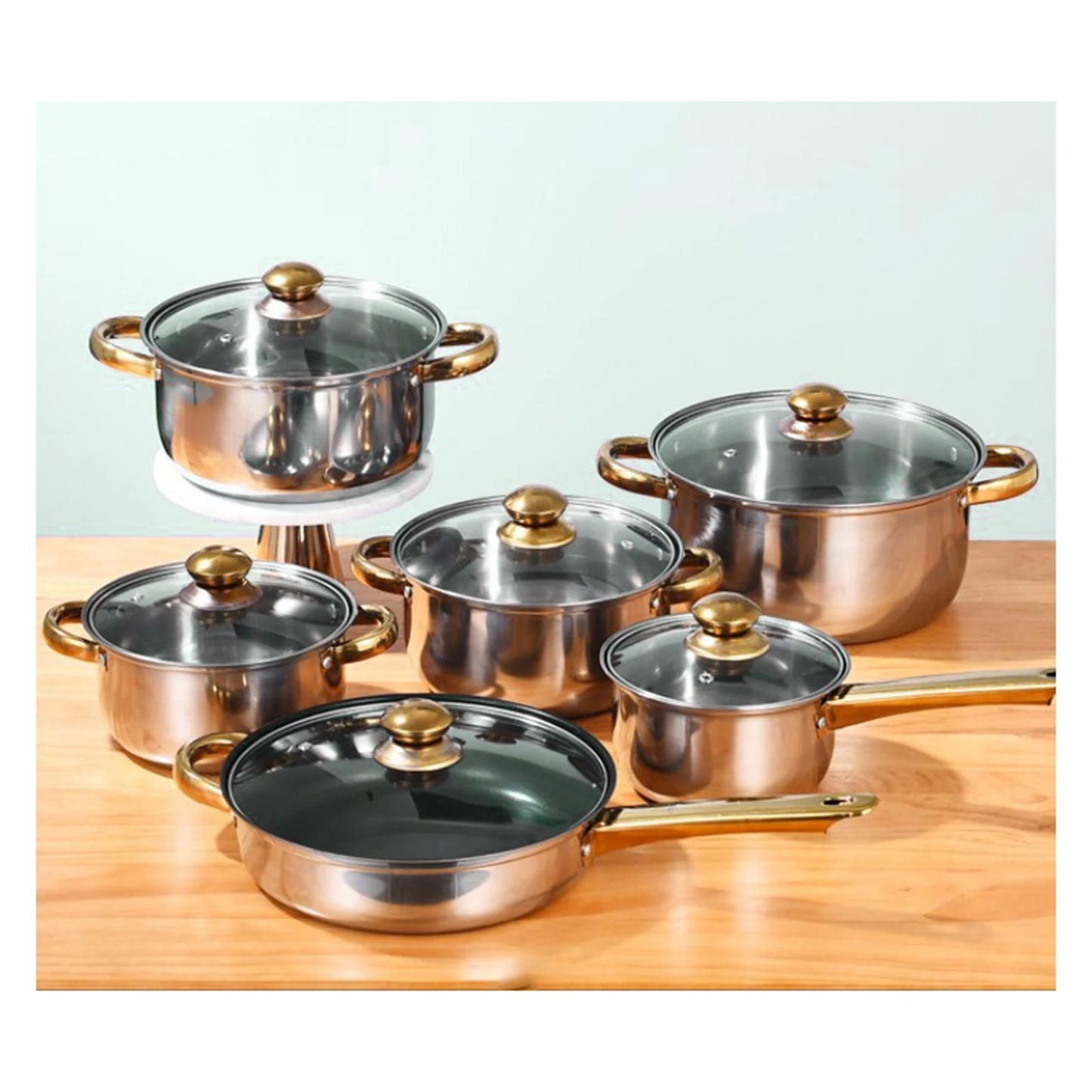 6Pcs Cookware Set with Glass Lid Frying Pan Soup Pot Saucepan Nonstick Pan Set 410 Stainless Steel for Home Kitchen Cooking