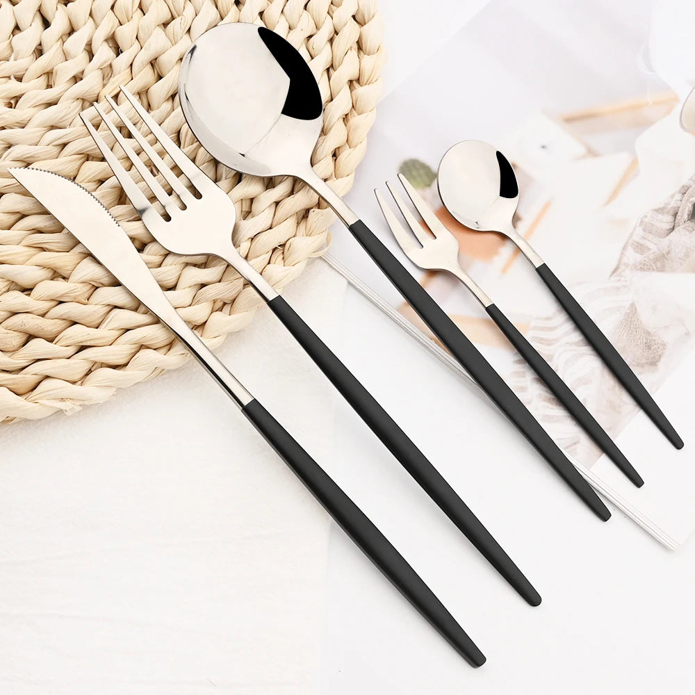 30pcs Black Silver Cutlery Set Knife Fruit Forks Cake Fork Tea Spoon Dinnerware Stainless Steel Tableware Set Party Kitchen Tool