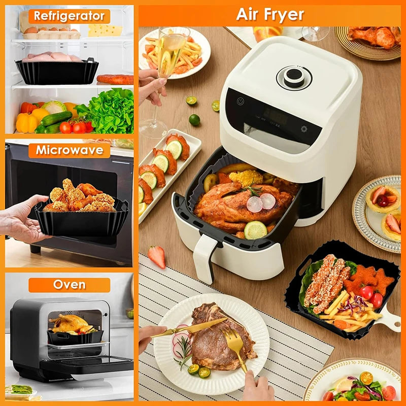 Large Air Fryer Silicone Basket Tray Pot Square Non-stick Airfryer Baking Mold Liner Bpa Free Kitchen Cooking Accessories