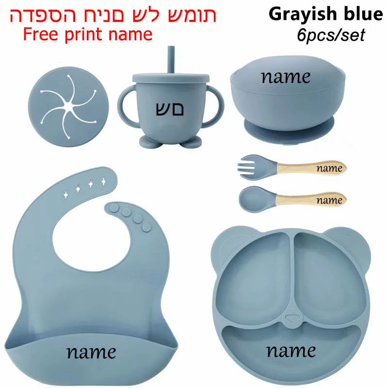 Baby Feeding Plate Sets Suction Bowl Silicone Plate For Kids 6Pcs Children Tableware Personalized Name Dinner Dishes Cups Spoon