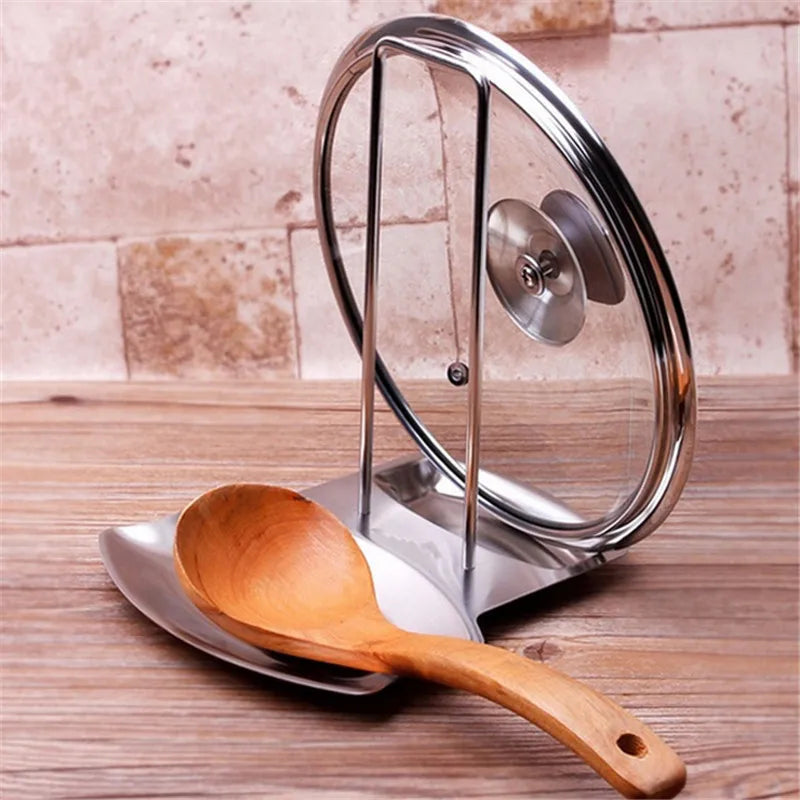 Stainless Steel Pan Pot Cover Stand Silver Color Soup Spoon Holder Drain Rack Stove Organizer Storage Kitchen Accessories