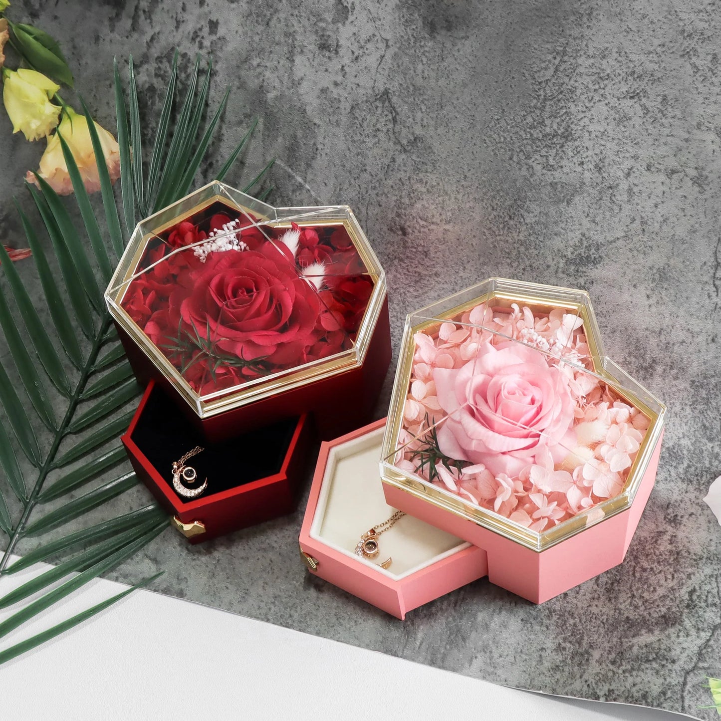 Soap Rose Heart Jewelry Gift Box with Necklace Set Eternal Rose Acrylic Jewelry Drawer Case Love Gifts for Christmas Valentine