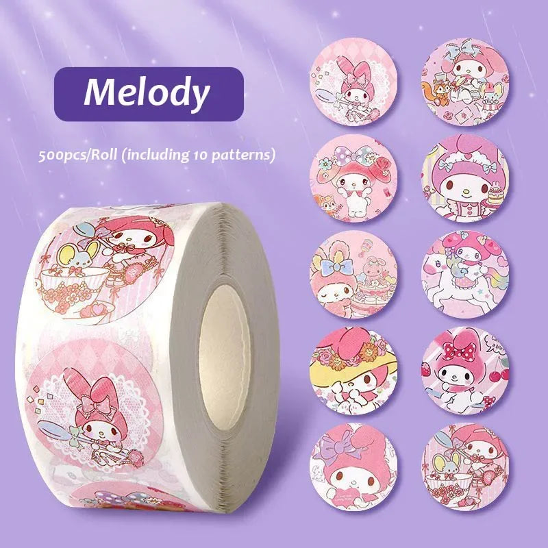 500pcs/Roll Cartoon Sanrio Stickers Kawaii Hello Kitty Kuromi Melody DIY Pvc Laptop Decals Decoration Kid Reward Gift Toy