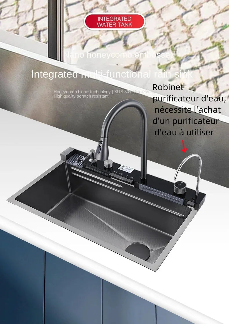 304 Stainless Steel Waterfall Kitchen Sink Large Single Slot Integrated Digital Display Faucet Set Soap Dispenser Cup Washer