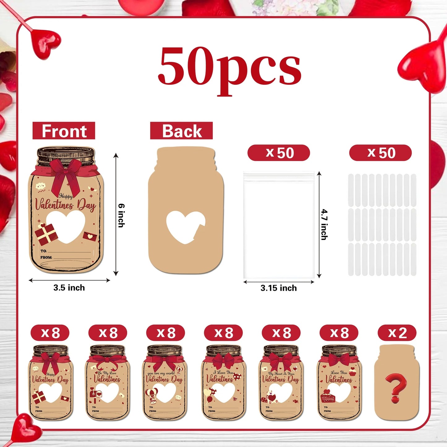 25/50Pcs Happy Valentine's Day Paper Cards Paper Jar Bottles Shaped Card with Candy Packing Bag Valentine's Day Party Gift Decor