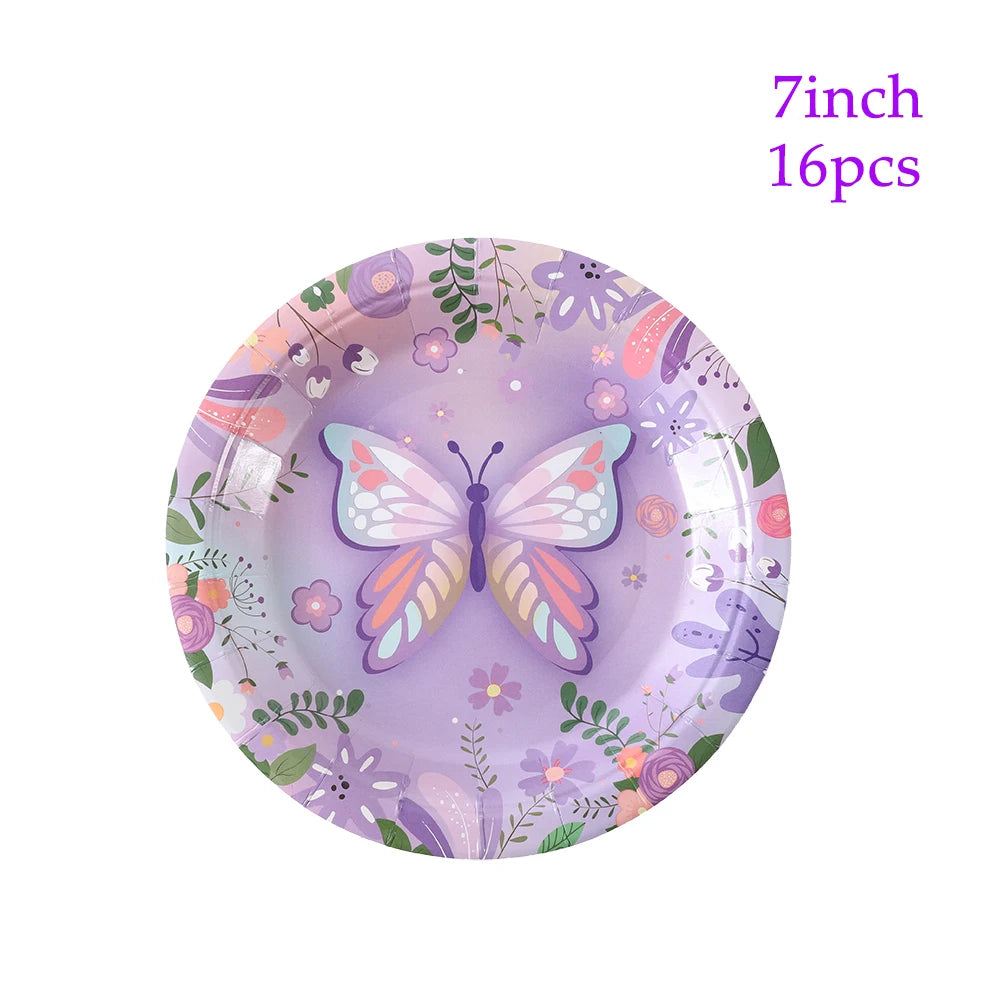 Pink Purple Butterfly Disposable Tableware Paper Plate Cup Napkin Banner Butterfly Birthday Party Decor Baby Shower Wedding Supp