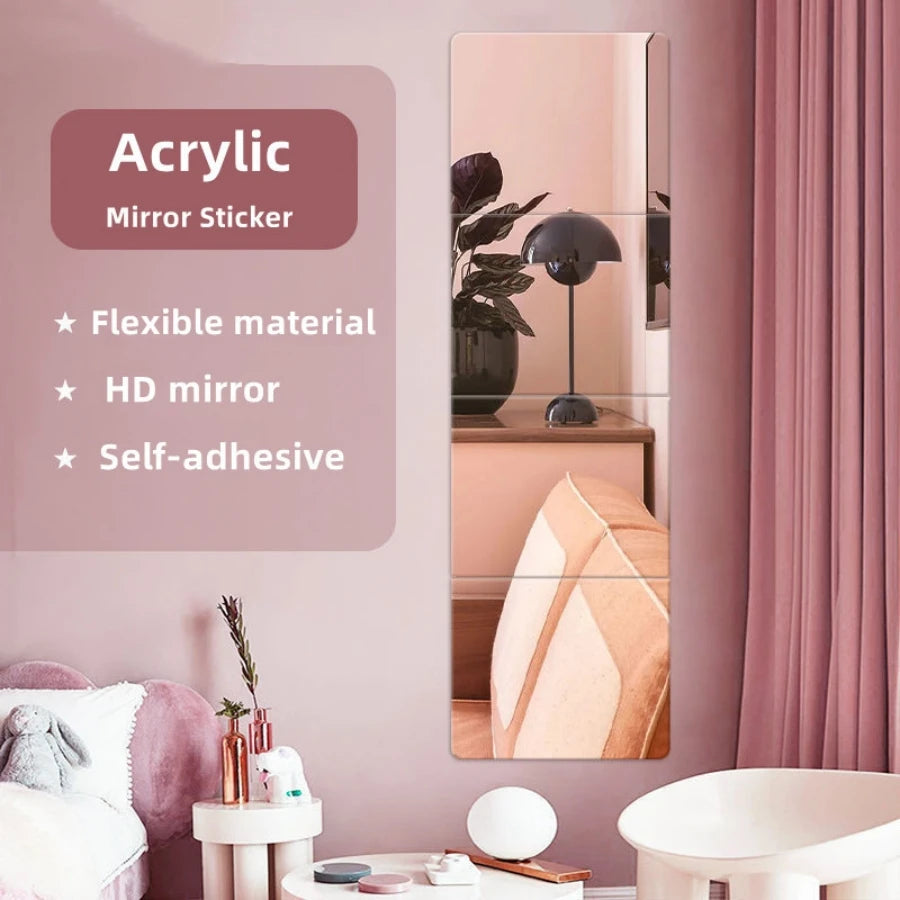 4pcs 20/30cm 3D Self-adhesive Mirror Wall Stickers Thickened 2mm Flexible DIY Art Acrylic Mirror Stickers Living Room Decoration