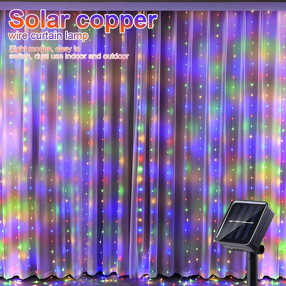 Outdoor Solar Curtain Light 300LED Waterproof String Lights Garden Yard Pavilion Fairy Garland String Lights Holiday Decor Light