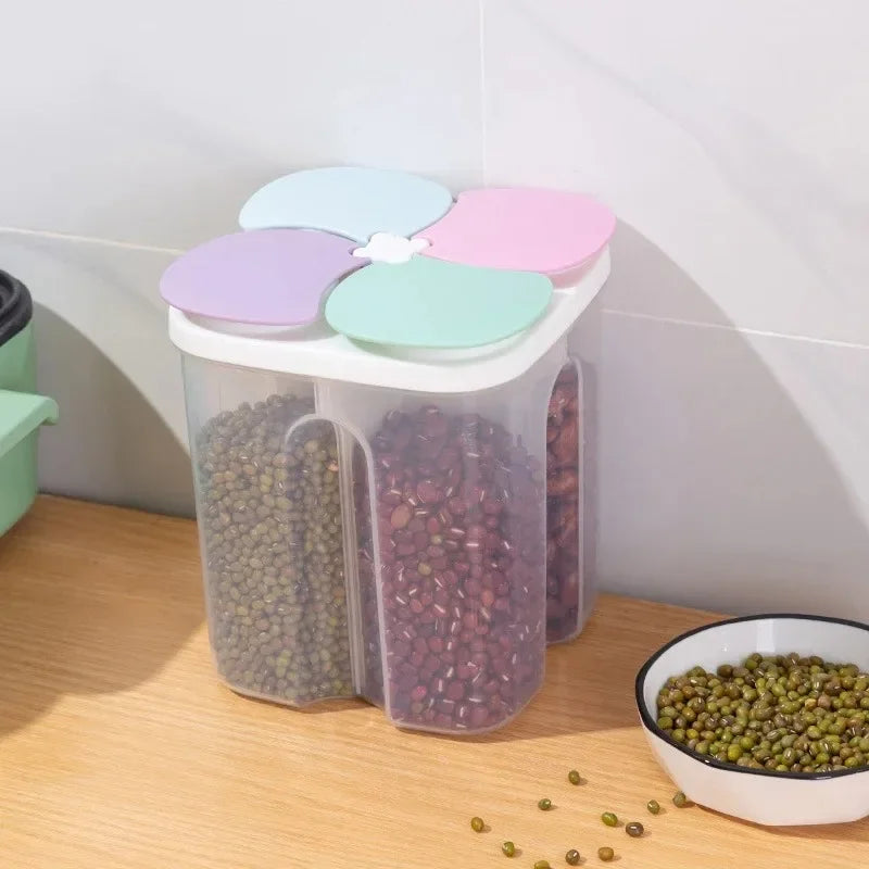 Multifunctional 4 Grid Food Storage Container Airtight Cereal Dispenser Snack Storage Box for Dry Food Kitchen Pantry Organizer