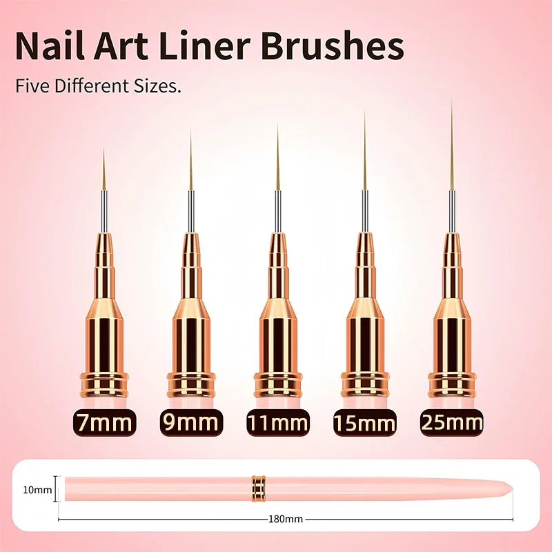 7/9/11/15/25mm Nail Liner Brush Set UV Gel Nail Brushes Kits 5pcs French Stripe Line Painting Drawing Flower Pen Manicure Tools