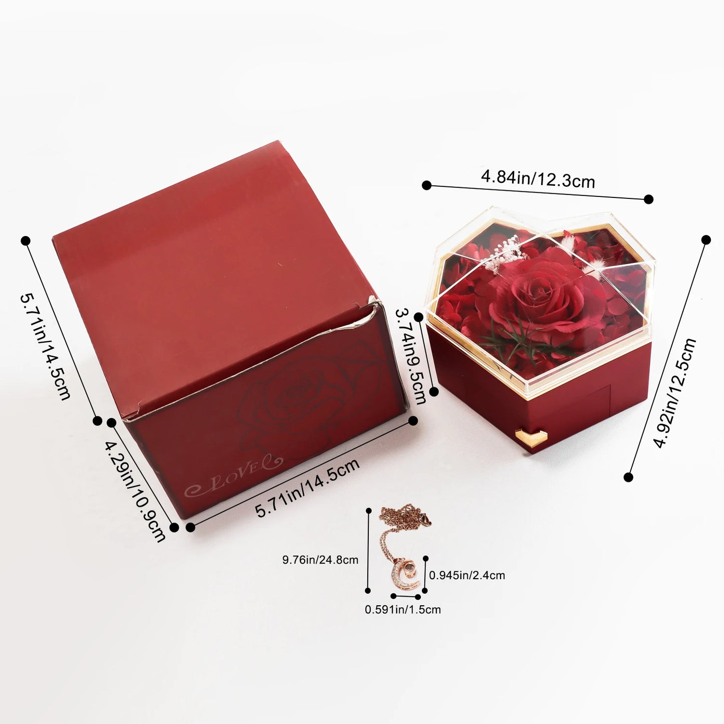 Soap Rose Heart Jewelry Gift Box with Necklace Set Eternal Rose Acrylic Jewelry Drawer Case Love Gifts for Christmas Valentine