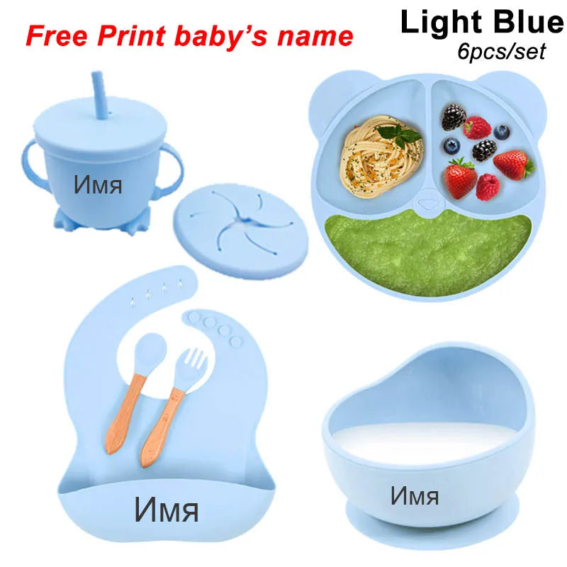 Baby Feeding Plate Sets Suction Bowl Silicone Plate For Kids 6Pcs Children Tableware Personalized Name Dinner Dishes Cups Spoon