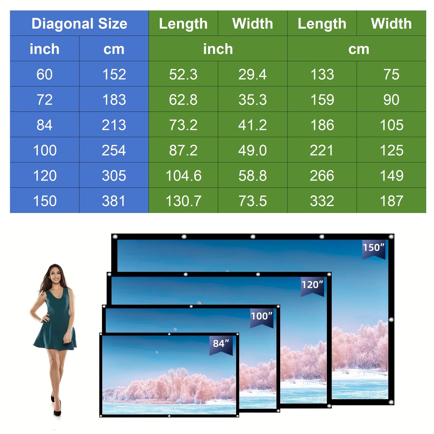 60 72 100 120 150 Inch 16:9 Portable Wrinkle Free Lightweight Projector Screen Home Outdoor Front Rear Projection Curtain Fabric