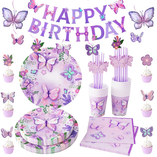 Pink Purple Butterfly Disposable Tableware Paper Plate Cup Napkin Banner Butterfly Birthday Party Decor Baby Shower Wedding Supp