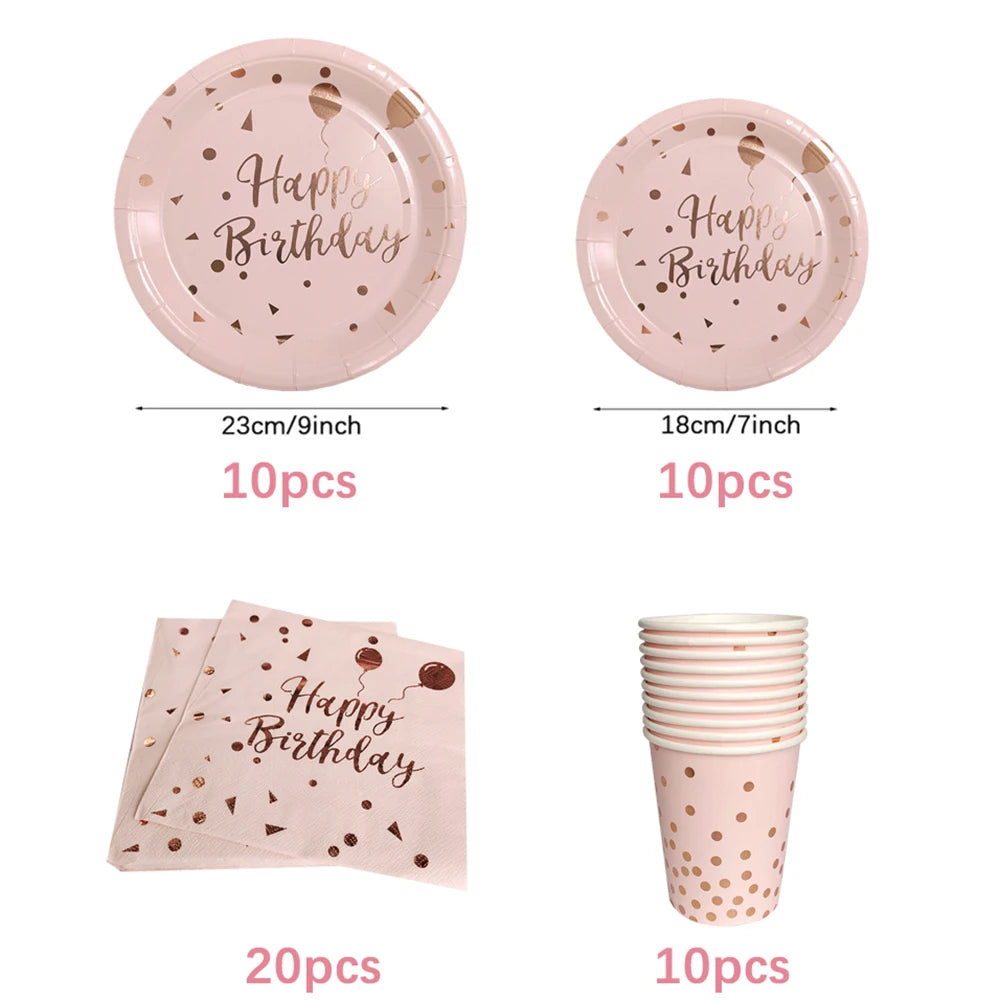 Birthday Disposable Tableware Set Pink Rose Gold White Plates Cups Napkins Tablecloth Girl Birthday Party Decoration Baby Shower