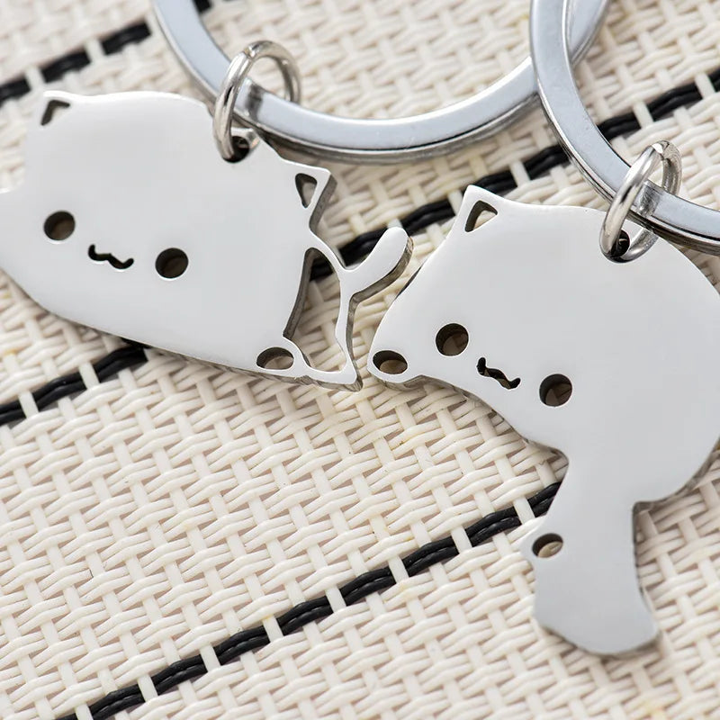 Cute Matching Cat Keychain Couple Stainless Steel Key Ring Lovely Animal Key Chain Pendants Lovers Valentine's Day Gift Jewelry