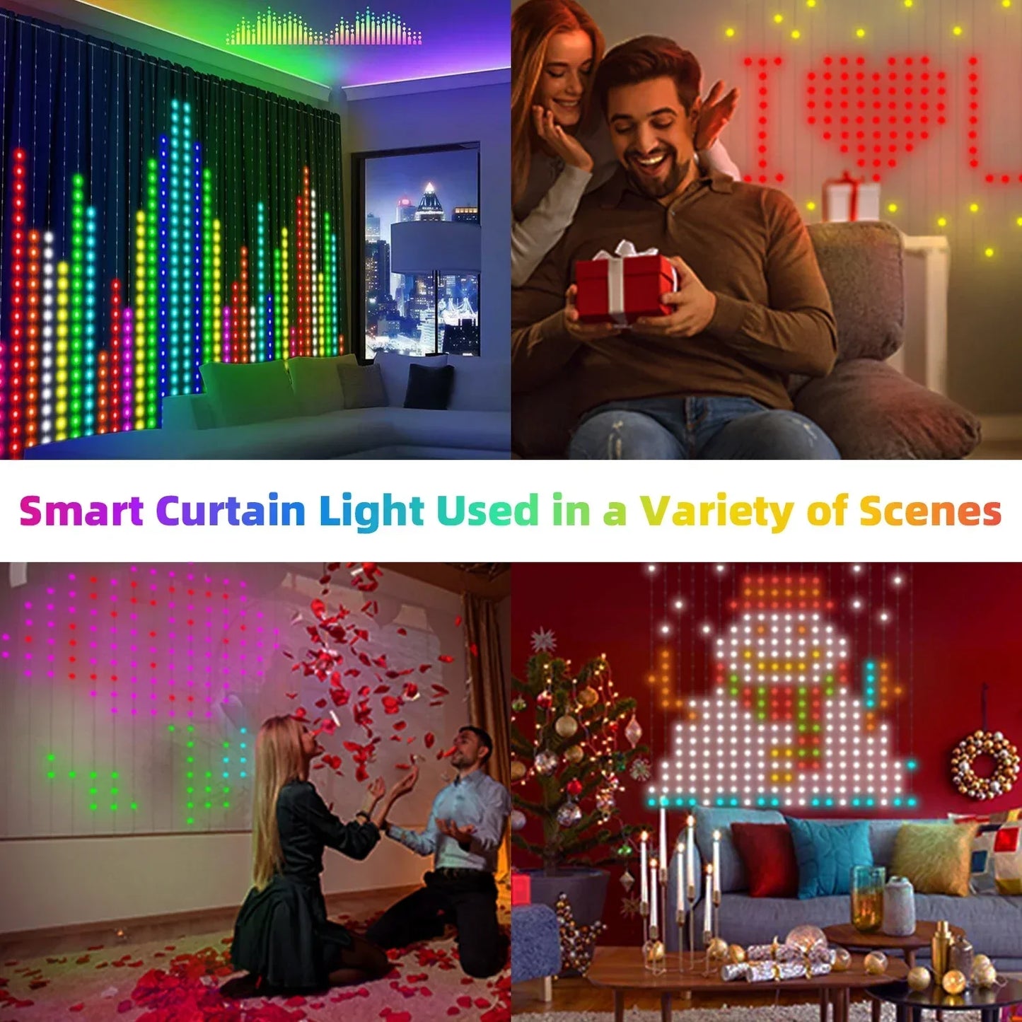 400LEDs Smart Curtain Lights Bluetooth App LED String RGB Fairy Lights DIY Music Change Display for Window Bedroom Decoration