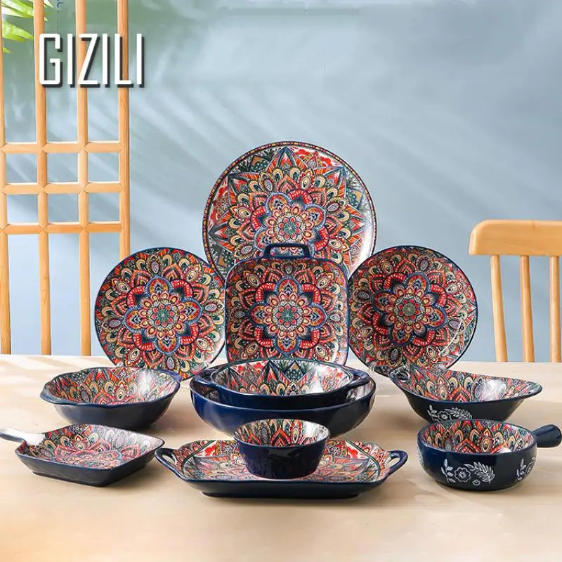 Bohemia Style Ceramics Dinner Plates Retro Plates Dinnerware Set Kitchen Dishes Household Breakfast Plate Salad Soup Bowls