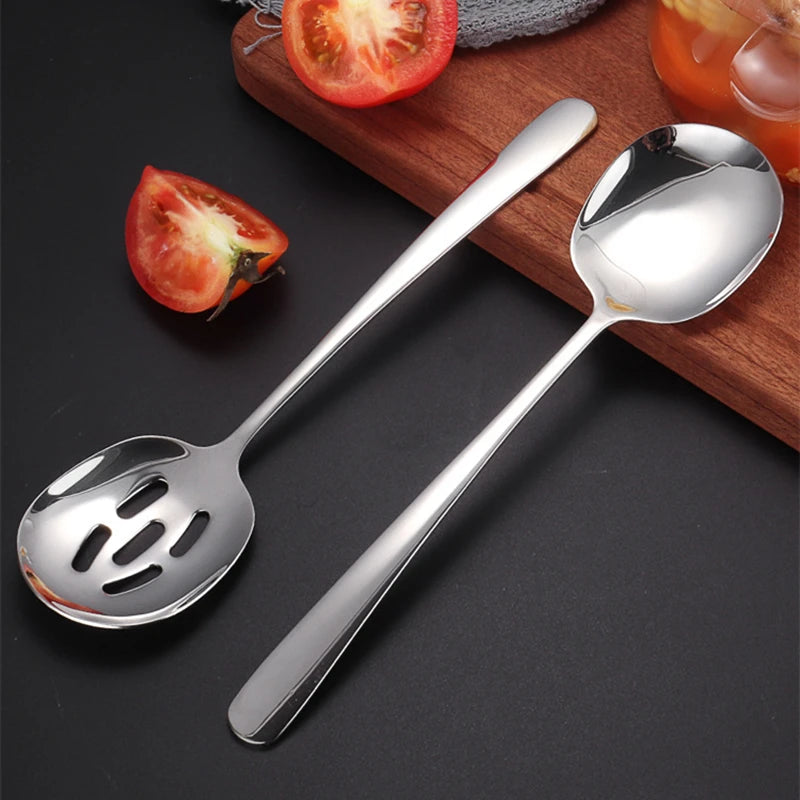 Silver Kitchen Stainless Steel Serving Spoon Long Handle Food Shovel Buffet Salad Colander Creative Hollow Home Tableware