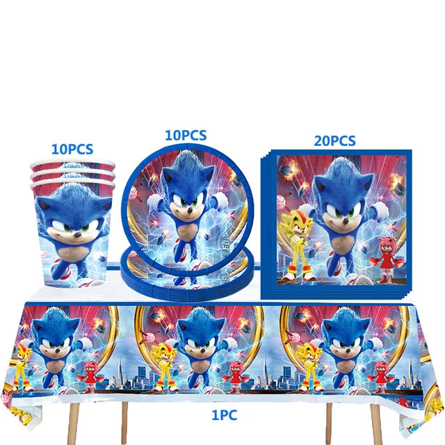 Kit Sonic Party Supplies Boys Birthday Party Paper Tableware Set Paper Plate Cup Napkins Baby Shower Decorations Sonic Gift Bags