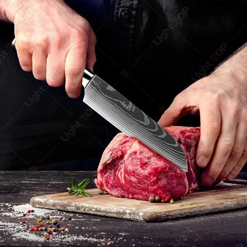 Laser Damascus Kitchen Knife Cleaver Meat Fruit Bread Knife Barbecue Boning Knife Cut Chicken Convenient Scissors Kitchen Knives