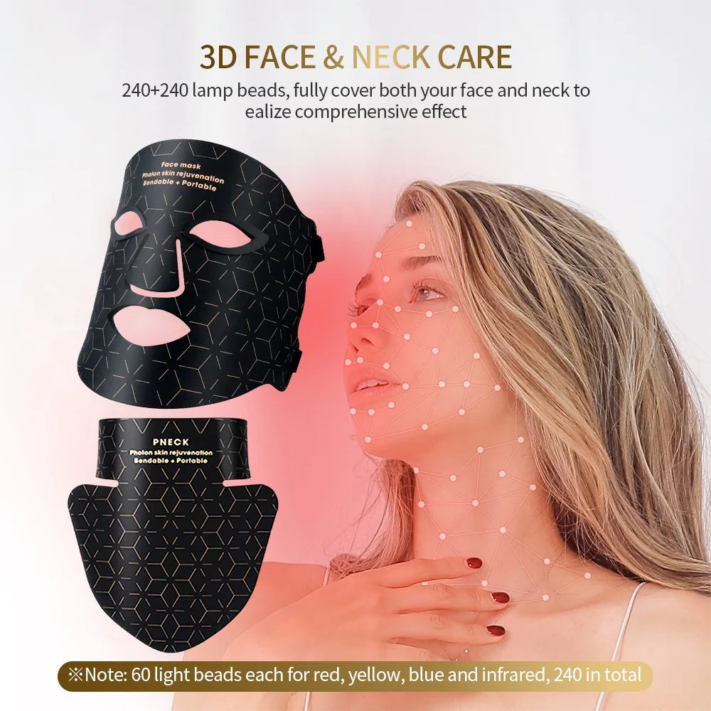 Silicone LED Mask Face With Neck 4 Colors LED Light Photon Infrared Therapy Flexible Facial Mask Repair Skin Brighten Skin Tone